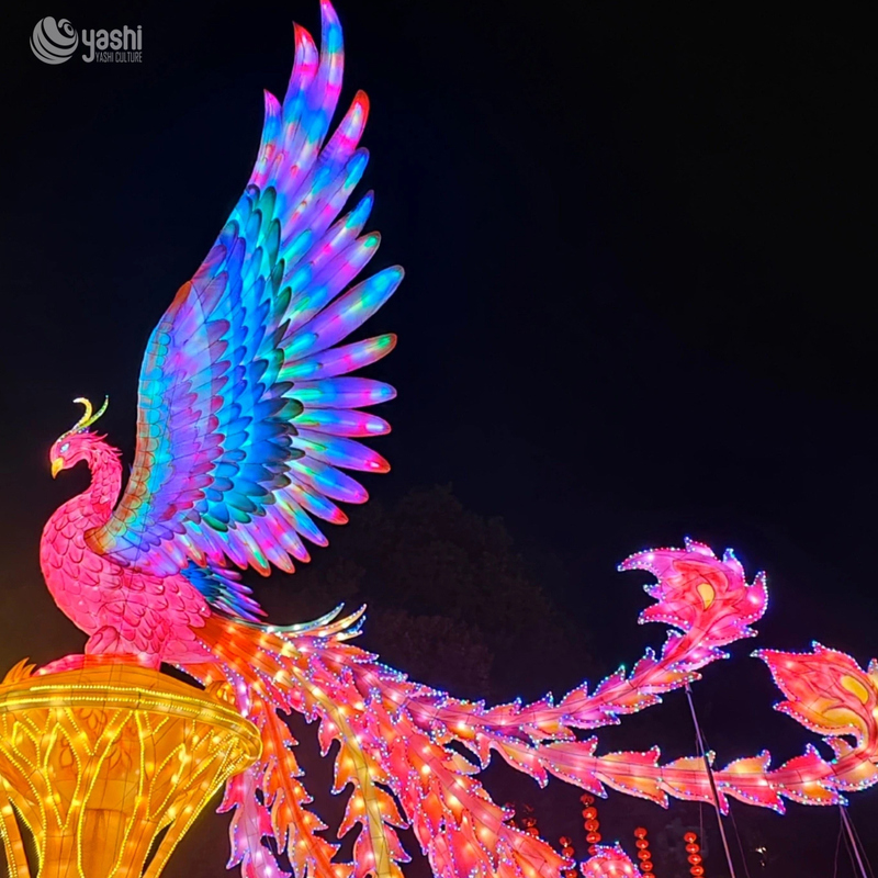 Custom Giant Phoenix Zigong Lantern, Colorful Spread Wings Phoenix Silk Light Sculpture, Waterproof Outdoor Festival Light Display for Lantern Show