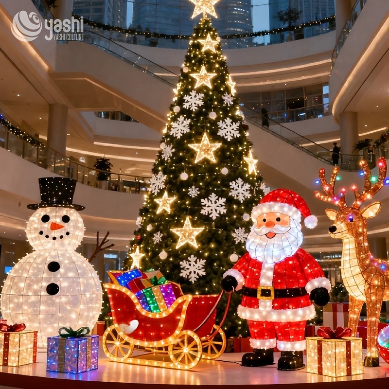 Custom Christmas LED Light Sculpture Set, Giant Christmas Tree, Snowman, Reindeer & Bell, Indoor Mall Waterproof Holiday Light Decorations