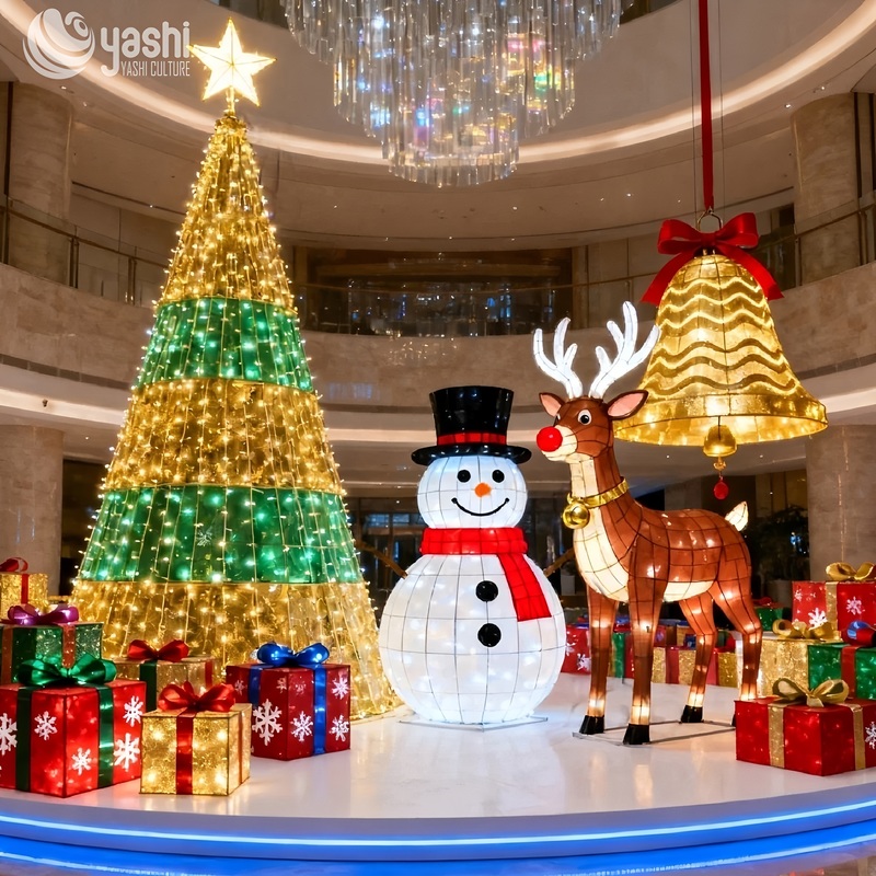 Custom Christmas LED Light Sculpture Set, Giant Christmas Tree, Snowman, Reindeer & Bell, Indoor Mall Waterproof Holiday Light Decorations