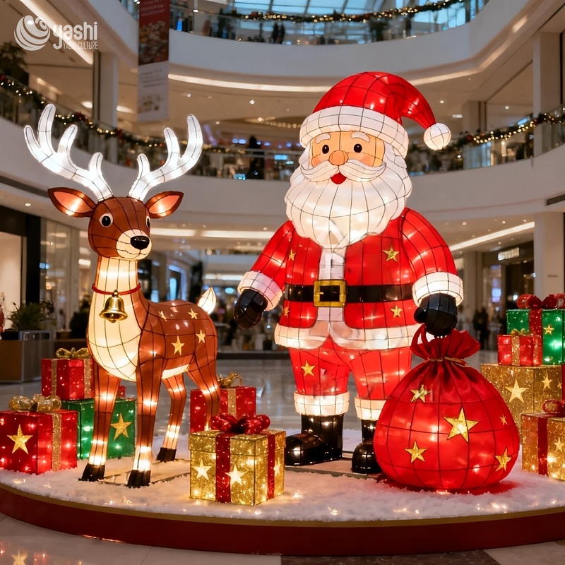 Custom Christmas LED Light Sculpture Set, Giant Christmas Tree, Snowman, Reindeer & Bell, Indoor Mall Waterproof Holiday Light Decorations