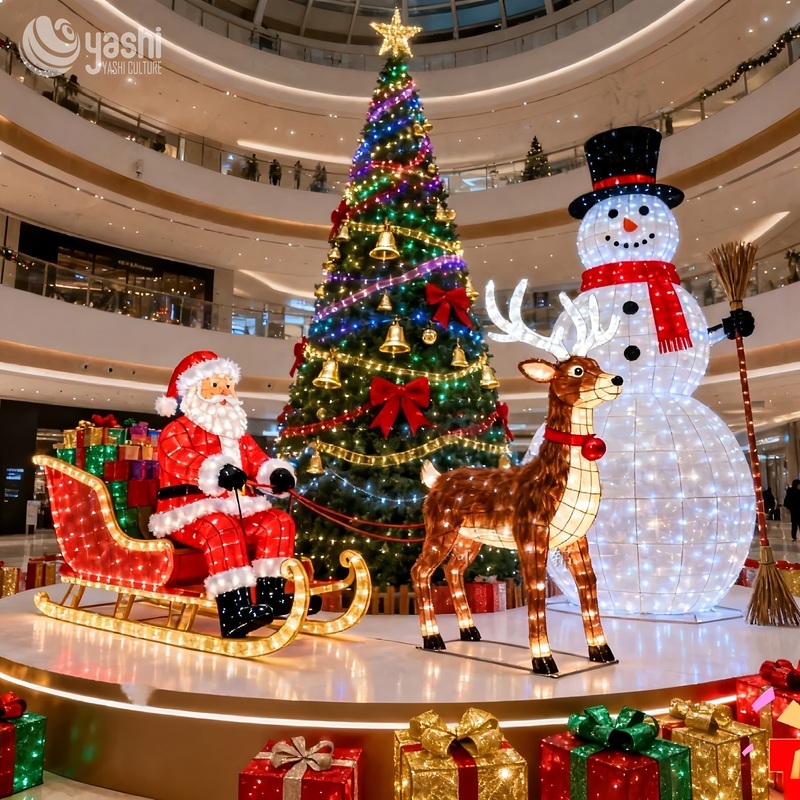 Custom Christmas LED Light Sculpture Set, Giant Christmas Tree, Snowman, Reindeer & Bell, Indoor Mall Waterproof Holiday Light Decorations
