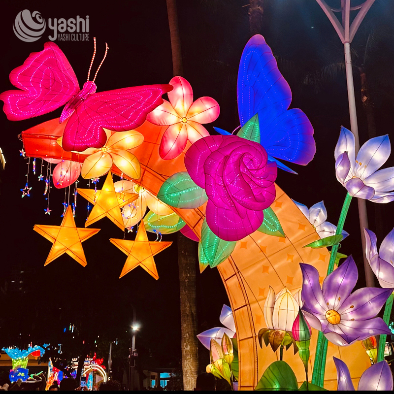Custom Butterfly & Flower Arch Zigong Lantern, Colorful Floral Rose Butterfly Light Tunnel Sculpture, Waterproof Outdoor Festival Entrance Lantern Decor