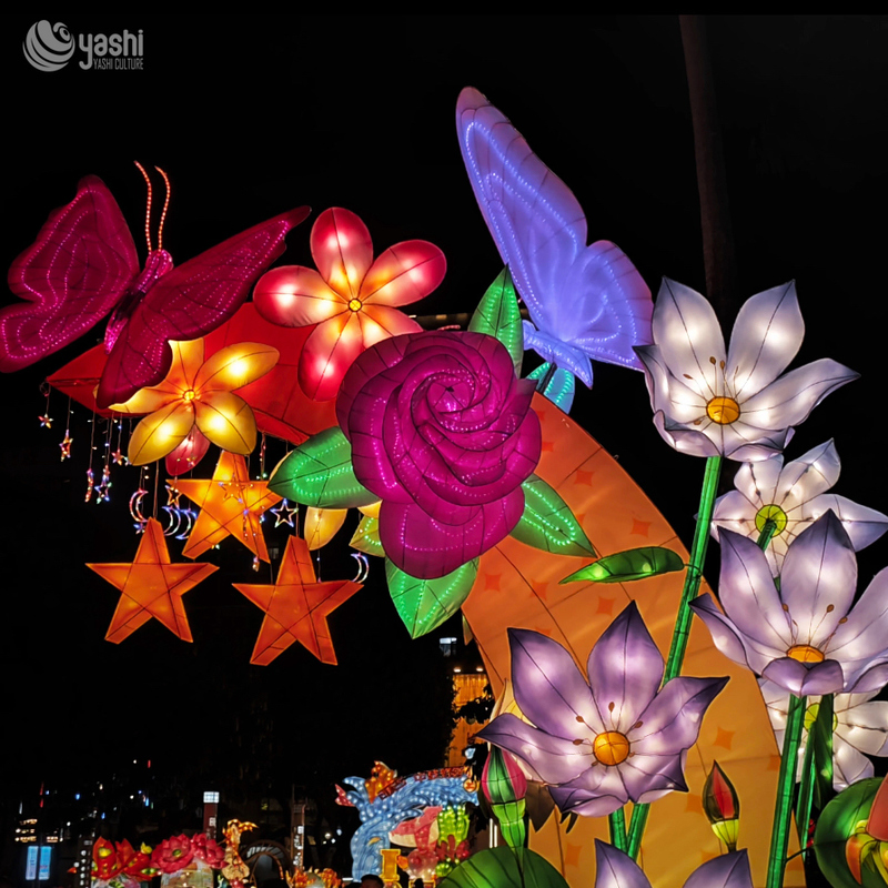 Custom Butterfly & Flower Arch Zigong Lantern, Colorful Floral Rose Butterfly Light Tunnel Sculpture, Waterproof Outdoor Festival Entrance Lantern Decor
