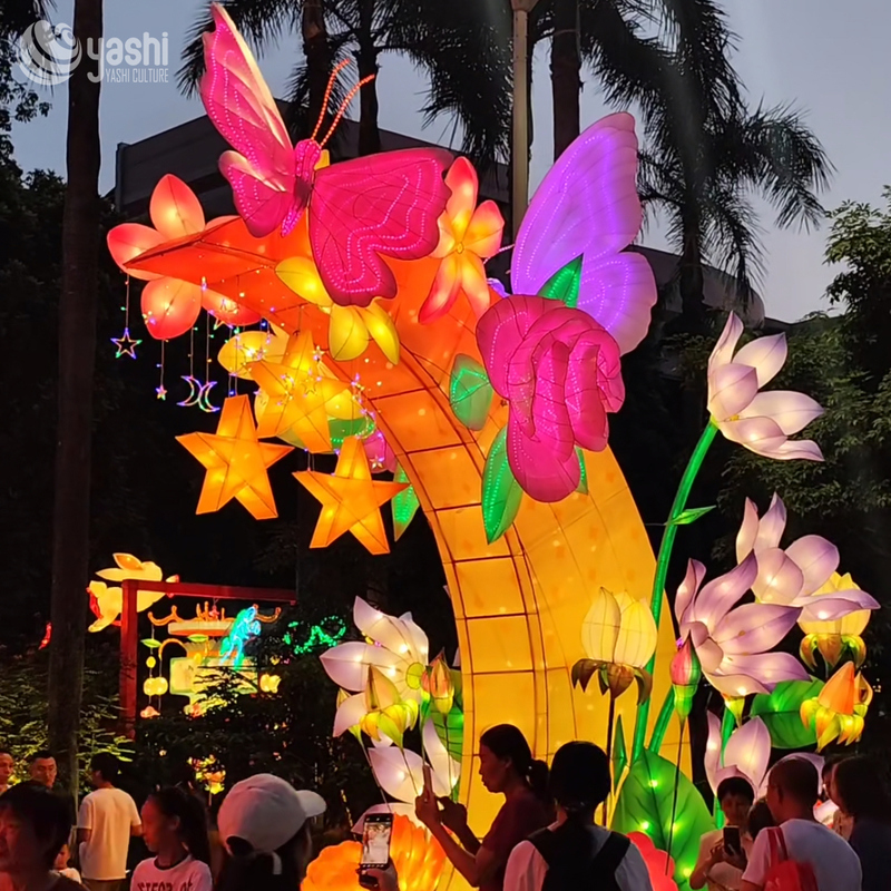 Custom Butterfly & Flower Arch Zigong Lantern, Colorful Floral Rose Butterfly Light Tunnel Sculpture, Waterproof Outdoor Festival Entrance Lantern Decor