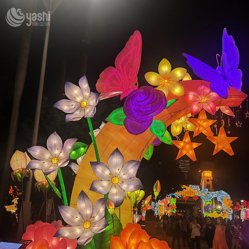 Custom Butterfly & Flower Arch Zigong Lantern, Colorful Floral Rose Butterfly Light Tunnel Sculpture, Waterproof Outdoor Festival Entrance Lantern Decor