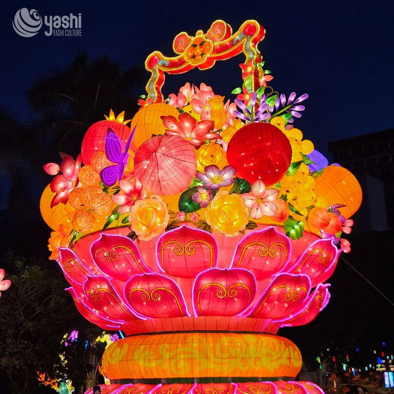 Custom Giant Flower Basket Zigong Lantern, Large Lotus Floral Butterfly Light Sculpture, Waterproof Outdoor Festival Gate Light Decoration
