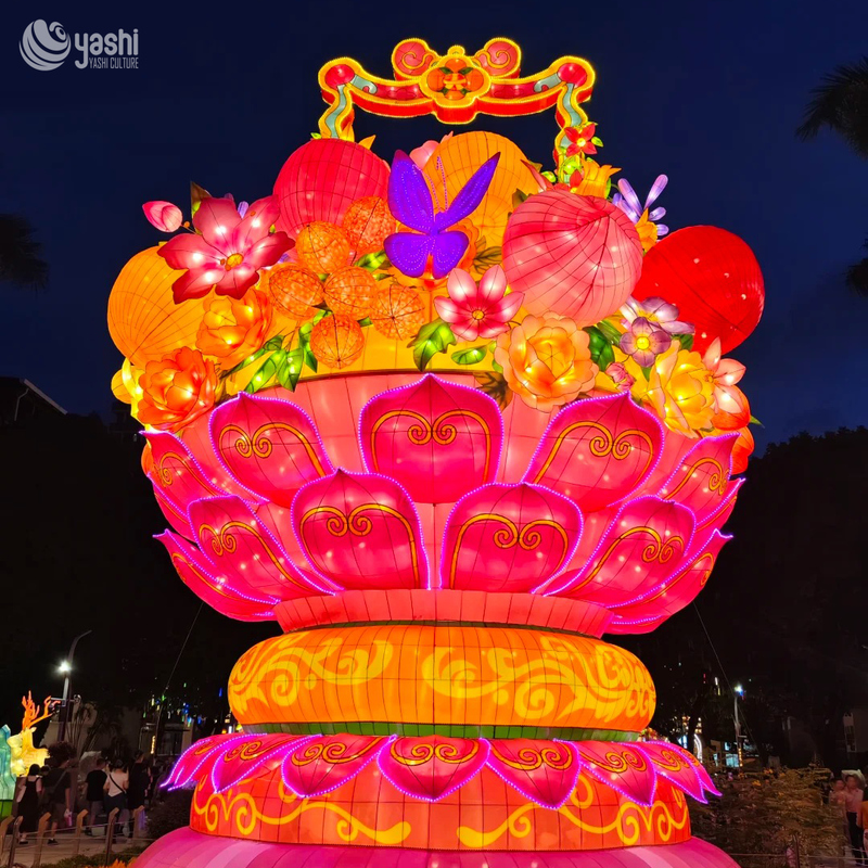 Custom Giant Flower Basket Zigong Lantern, Large Lotus Floral Butterfly Light Sculpture, Waterproof Outdoor Festival Gate Light Decoration