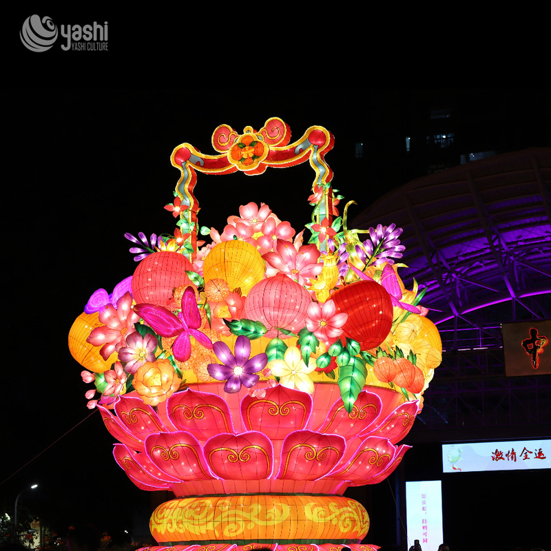 Custom Giant Flower Basket Zigong Lantern, Large Lotus Floral Butterfly Light Sculpture, Waterproof Outdoor Festival Gate Light Decoration