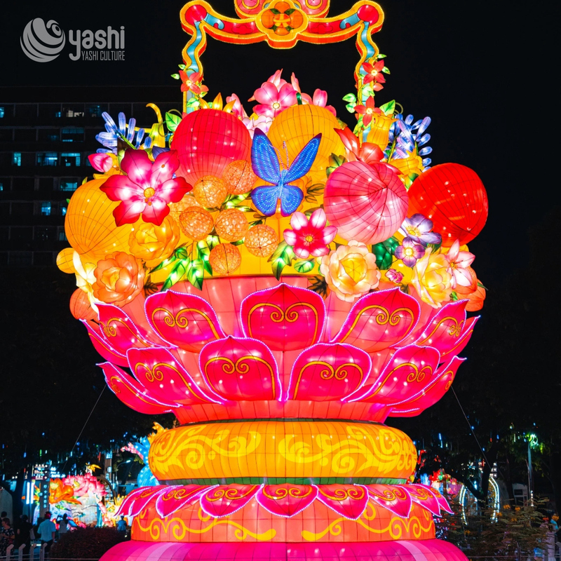 Custom Giant Flower Basket Zigong Lantern, Large Lotus Floral Butterfly Light Sculpture, Waterproof Outdoor Festival Gate Light Decoration
