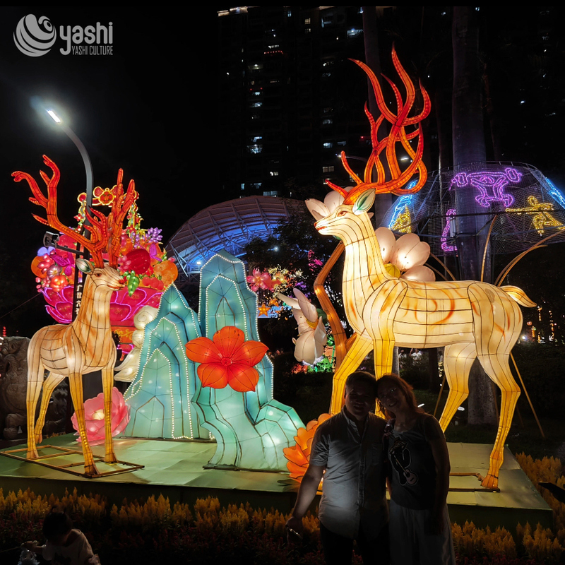 Custom Sika Deer Zigong Lantern Set, Forest Floral Mountain Shape Light Sculpture Group, Waterproof Outdoor Park Festival Lantern Display