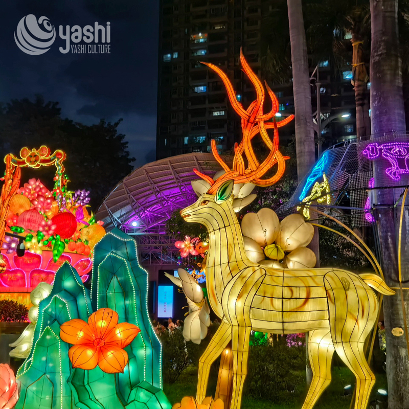 Custom Sika Deer Zigong Lantern Set, Forest Floral Mountain Shape Light Sculpture Group, Waterproof Outdoor Park Festival Lantern Display