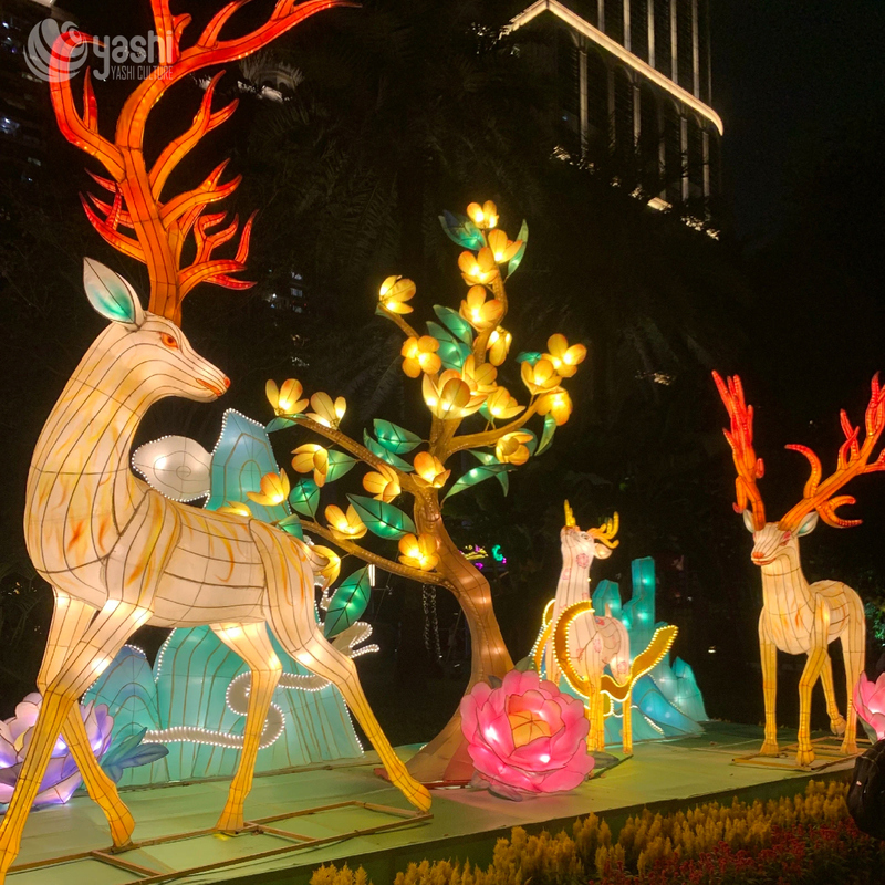 Custom Sika Deer Zigong Lantern Set, Forest Floral Mountain Shape Light Sculpture Group, Waterproof Outdoor Park Festival Lantern Display