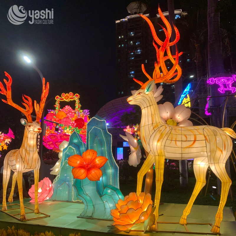 Custom Sika Deer Zigong Lantern Set, Forest Floral Mountain Shape Light Sculpture Group, Waterproof Outdoor Park Festival Lantern Display