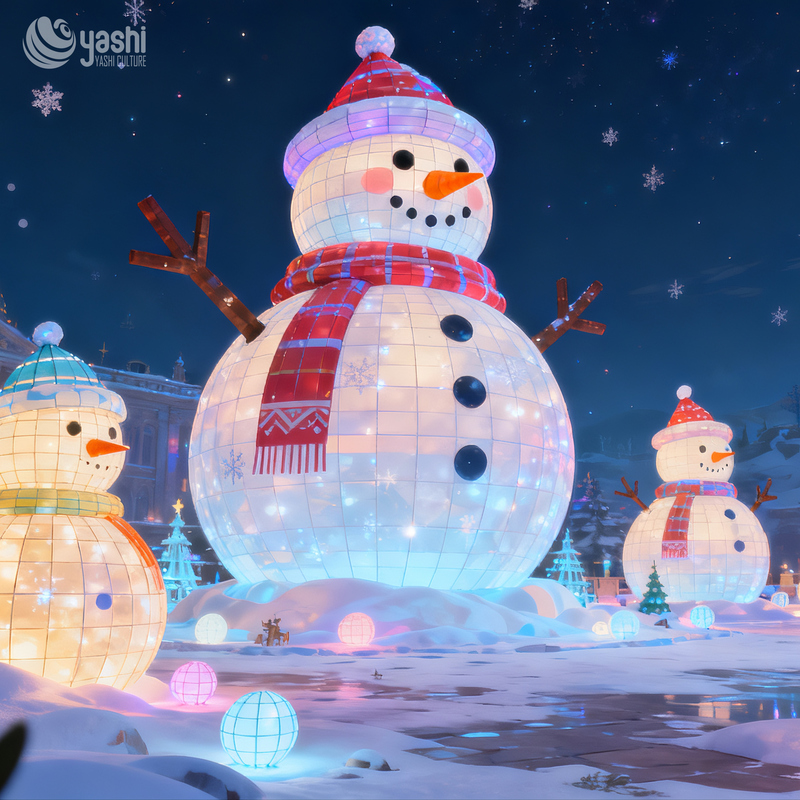 Custom Giant Snowman Silk Lantern Group, Outdoor Waterproof LED Snowman Light Sculpture for Christmas Light Festival