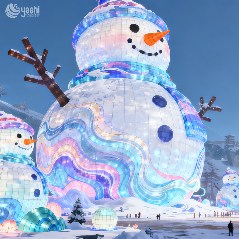 Custom Giant Snowman Silk Lantern Group, Outdoor Waterproof LED Snowman Light Sculpture for Christmas Light Festival