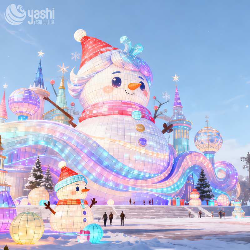 Custom Giant Snowman Silk Lantern Group, Outdoor Waterproof LED Snowman Light Sculpture for Christmas Light Festival