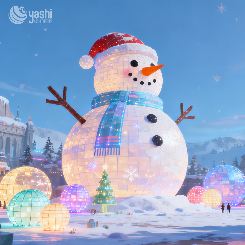 Custom Giant Cartoon Snowman & Christmas Tree Silk Lantern Set, Outdoor Waterproof LED Light Sculpture for Holiday Light Festival