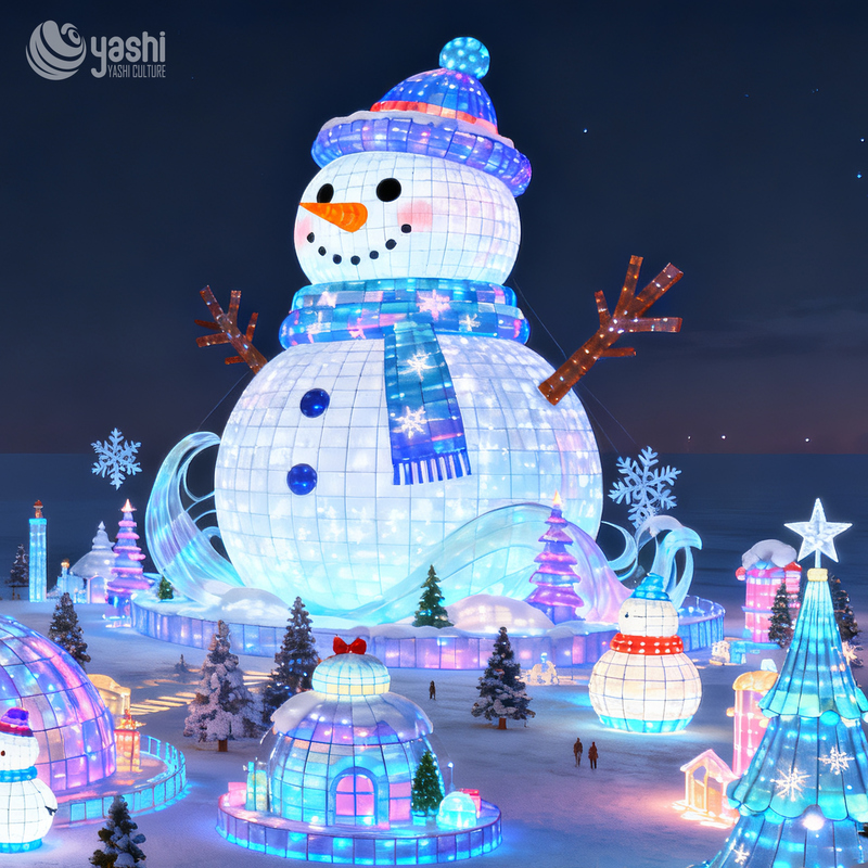 Custom Giant Cartoon Snowman & Christmas Tree Silk Lantern Set, Outdoor Waterproof LED Light Sculpture for Holiday Light Festival