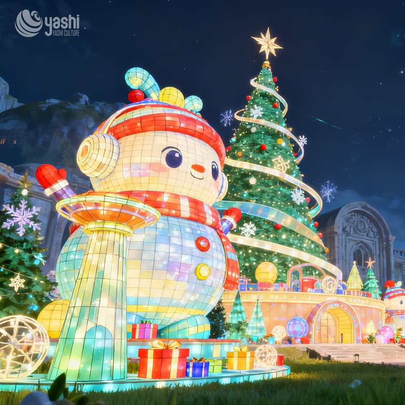 Custom Giant Cartoon Snowman & Christmas Tree Silk Lantern Set, Outdoor Waterproof LED Light Sculpture for Holiday Light Festival