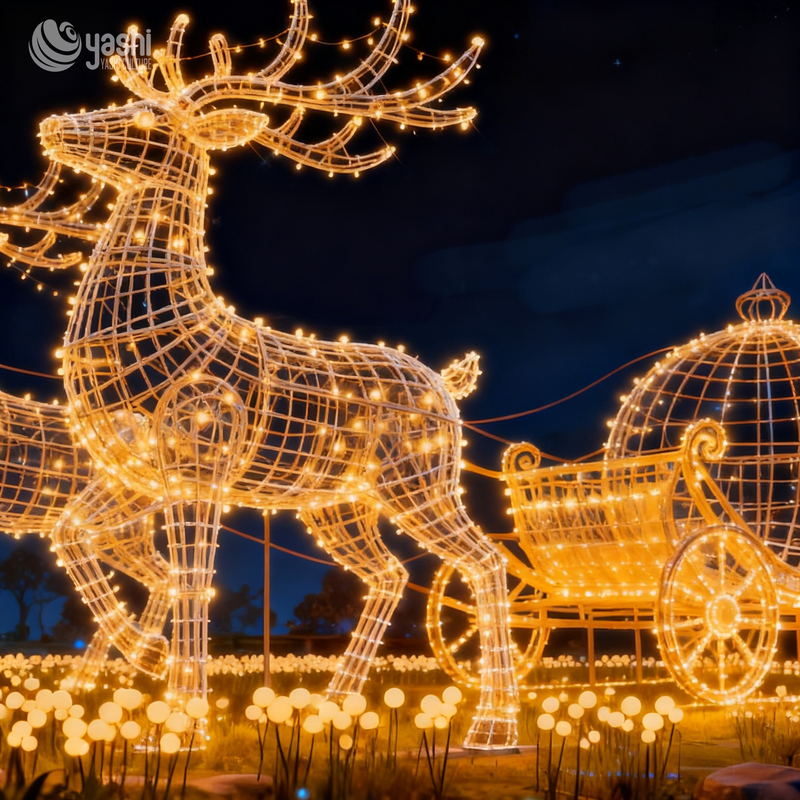Custom LED Reindeer & Sleigh Light Sculpture, Outdoor Waterproof Christmas Motif Light for Mall & Park Decor
