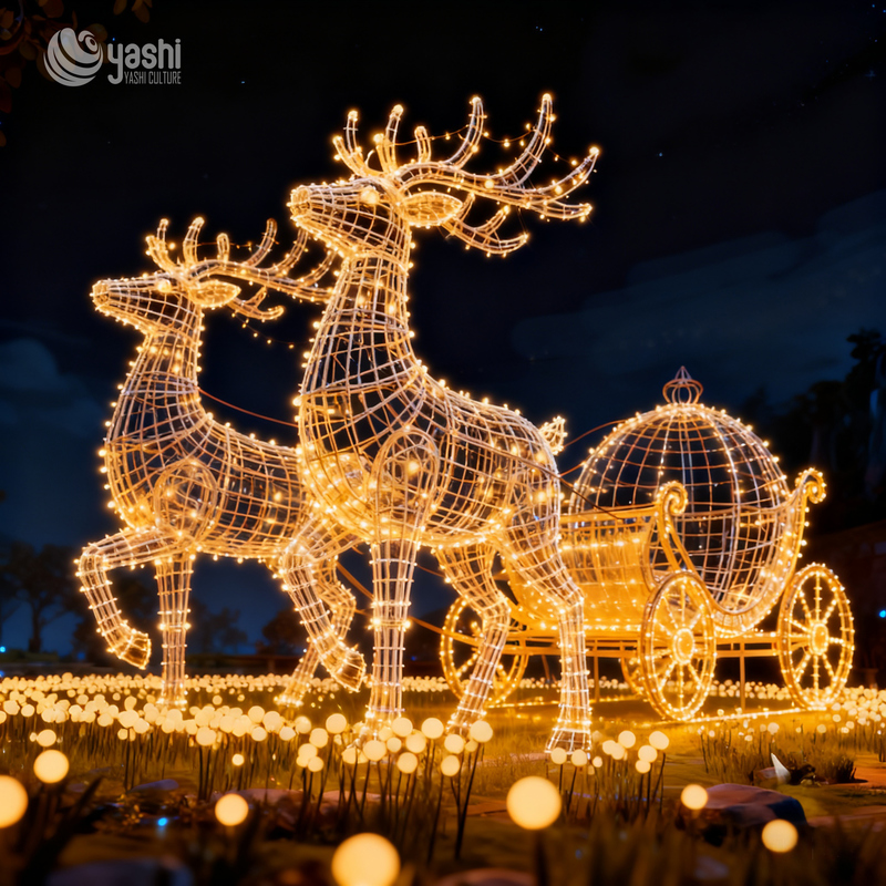 Magical Christmas Reindeer Sleigh Light Set: Metal Hollow Light Sculpture for Festive Scene Decoration