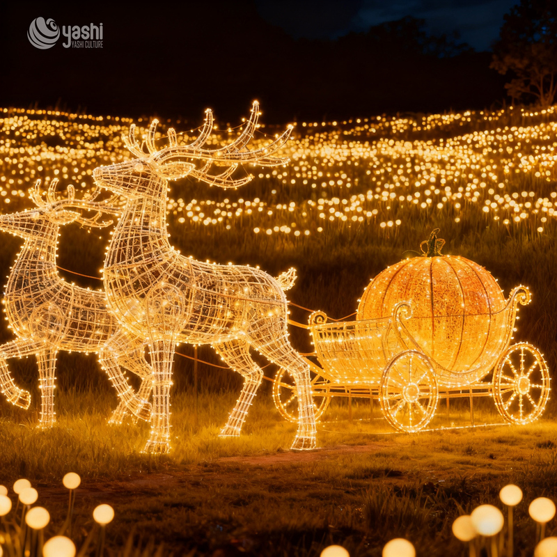 Magical Christmas Reindeer Sleigh Light Set: Metal Hollow Light Sculpture for Festive Scene Decoration