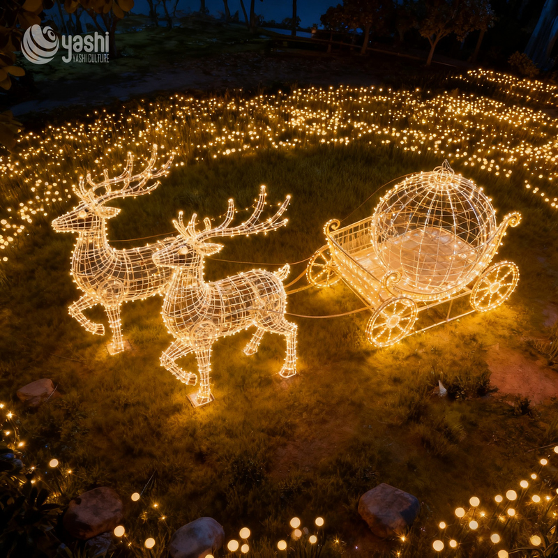 Magical Christmas Reindeer Sleigh Light Set: Metal Hollow Light Sculpture for Festive Scene Decoration