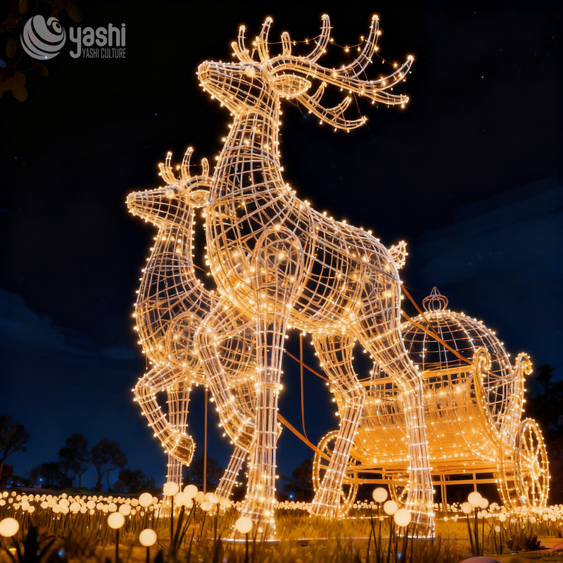 Magical Christmas Reindeer Sleigh Light Set: Metal Hollow Light Sculpture for Festive Scene Decoration