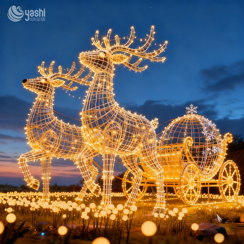 Magical Christmas Reindeer Sleigh Light Set: Metal Hollow Light Sculpture for Festive Scene Decoration
