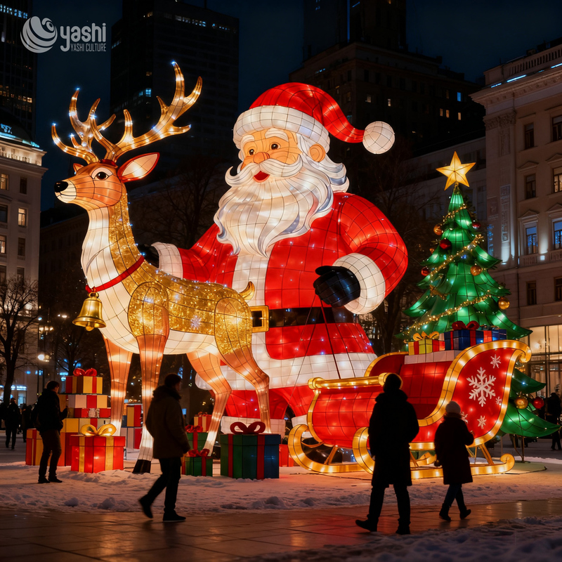 Custom Giant Santa Claus Reindeer Sleigh LED Lantern Set, Outdoor Waterproof Christmas Light Sculpture for Shopping Mall & Park