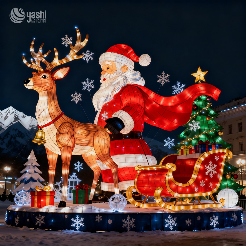 Custom Giant Santa Claus Reindeer Sleigh LED Lantern Set, Outdoor Waterproof Christmas Light Sculpture for Shopping Mall & Park