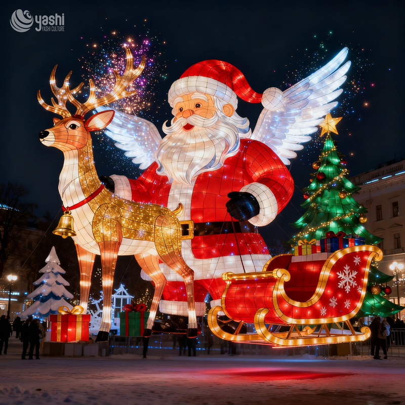 Custom Giant Santa Claus Reindeer Sleigh LED Lantern Set, Outdoor Waterproof Christmas Light Sculpture for Shopping Mall & Park