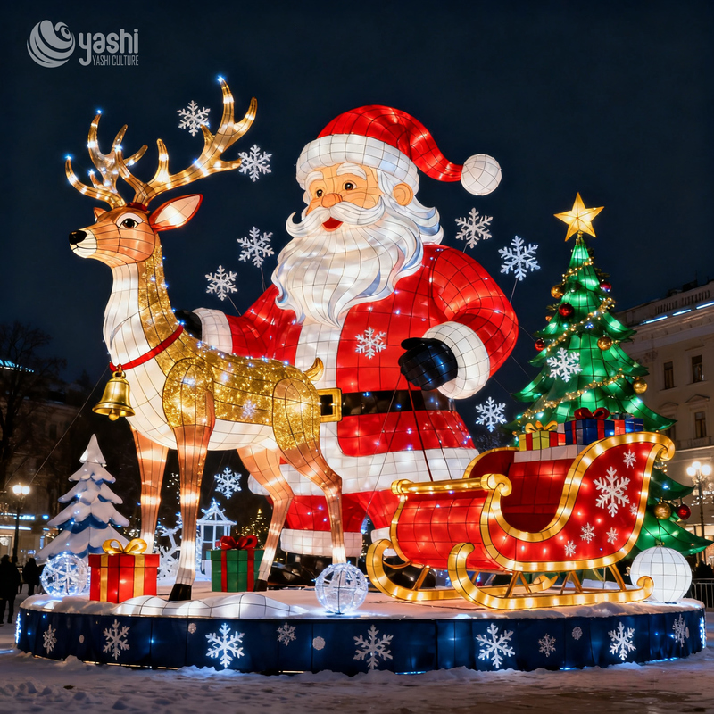 Custom Giant Santa Claus Reindeer Sleigh LED Lantern Set, Outdoor Waterproof Christmas Light Sculpture for Shopping Mall & Park