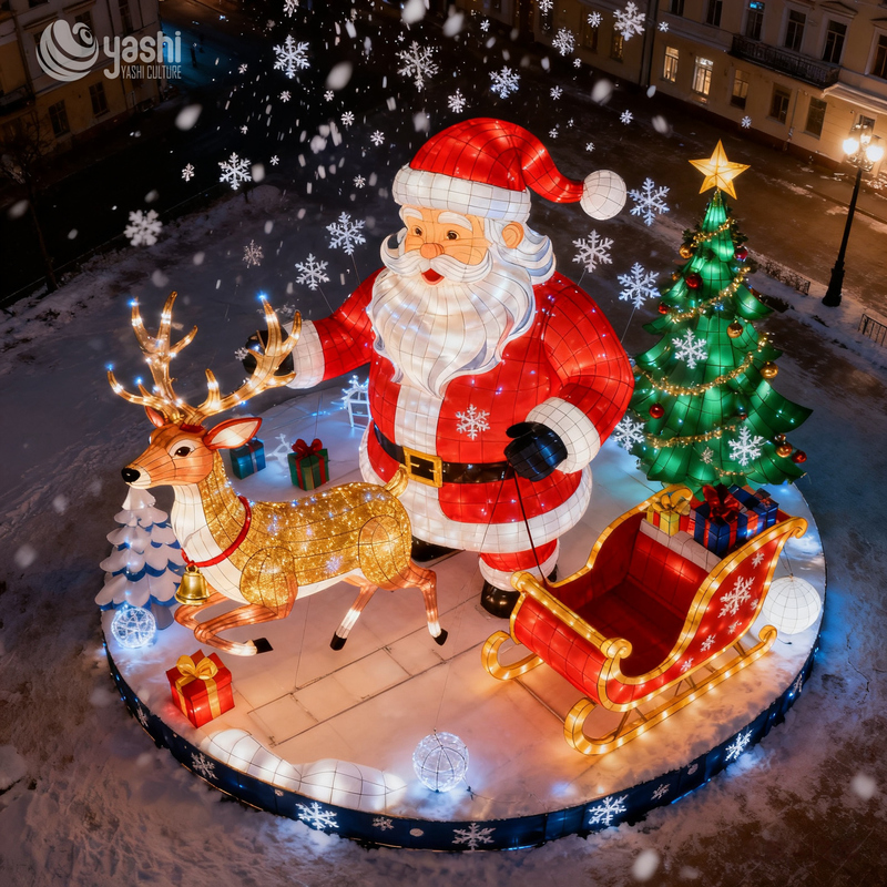 Custom Giant Santa Claus Reindeer Sleigh LED Lantern Set, Outdoor Waterproof Christmas Light Sculpture for Shopping Mall & Park