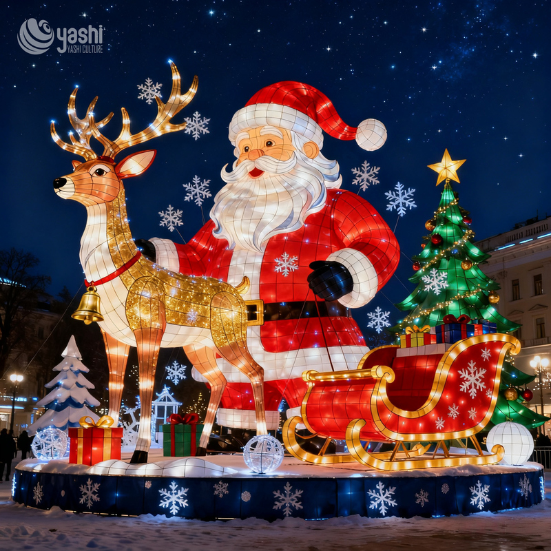 Giant Christmas Theme Light Set Santa Claus Reindeer Sleigh Combo Outdoor Holiday Lighting
