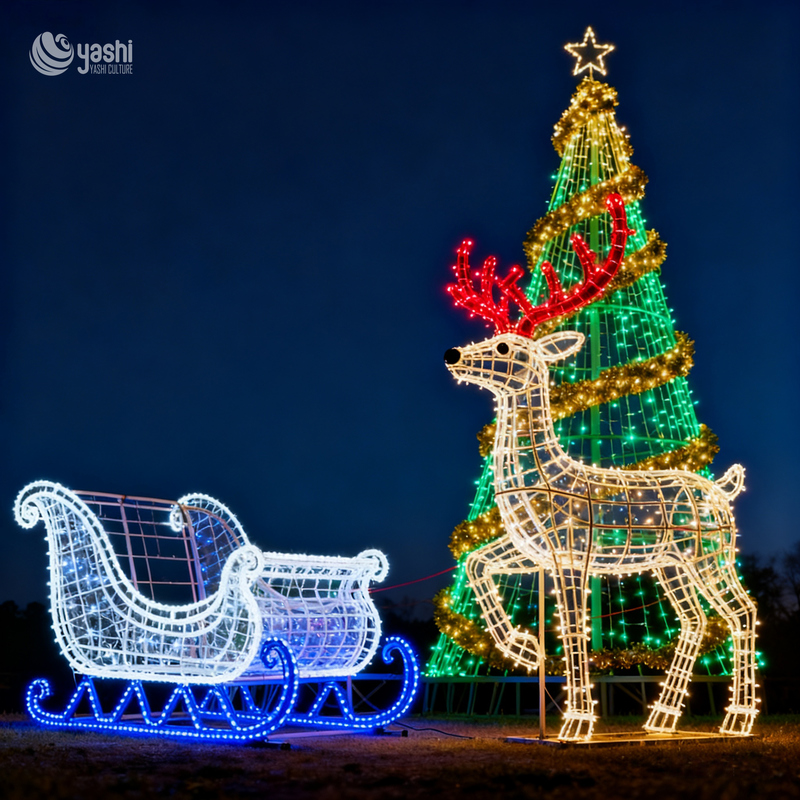 Custom LED Christmas Tree, Reindeer & Sleigh Motif Light Set, Outdoor Waterproof Commercial Christmas Light Sculpture