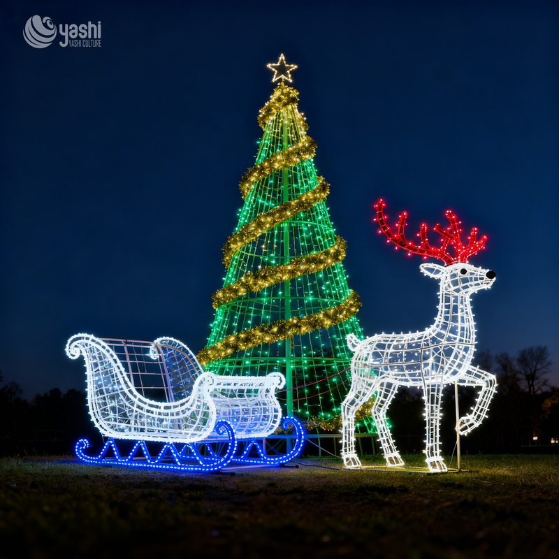 Custom LED Christmas Tree, Reindeer & Sleigh Motif Light Set, Outdoor Waterproof Commercial Christmas Light Sculpture