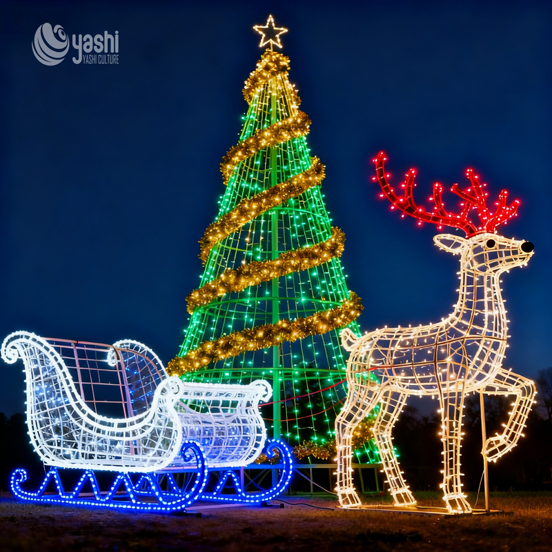 Custom LED Christmas Tree, Reindeer & Sleigh Motif Light Set, Outdoor Waterproof Commercial Christmas Light Sculpture