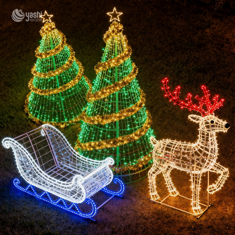Outdoor Christmas Reindeer Sleigh and Tree LED Light Set - Festive Holiday Decoration