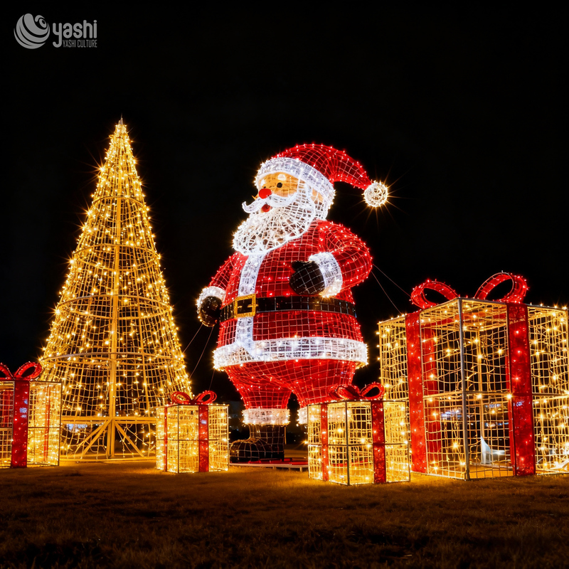 Custom LED Wireframe Santa Claus Christmas Tree & Gift Box Light Set, Outdoor Waterproof Commercial Christmas Light Sculpture