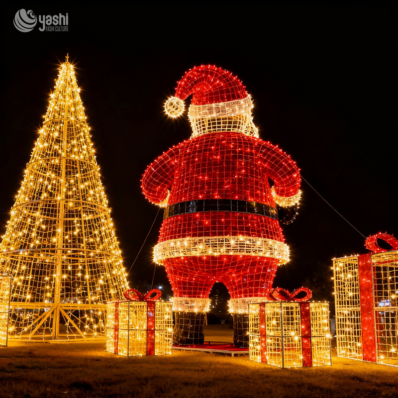 Custom LED Wireframe Santa Claus Christmas Tree & Gift Box Light Set, Outdoor Waterproof Commercial Christmas Light Sculpture