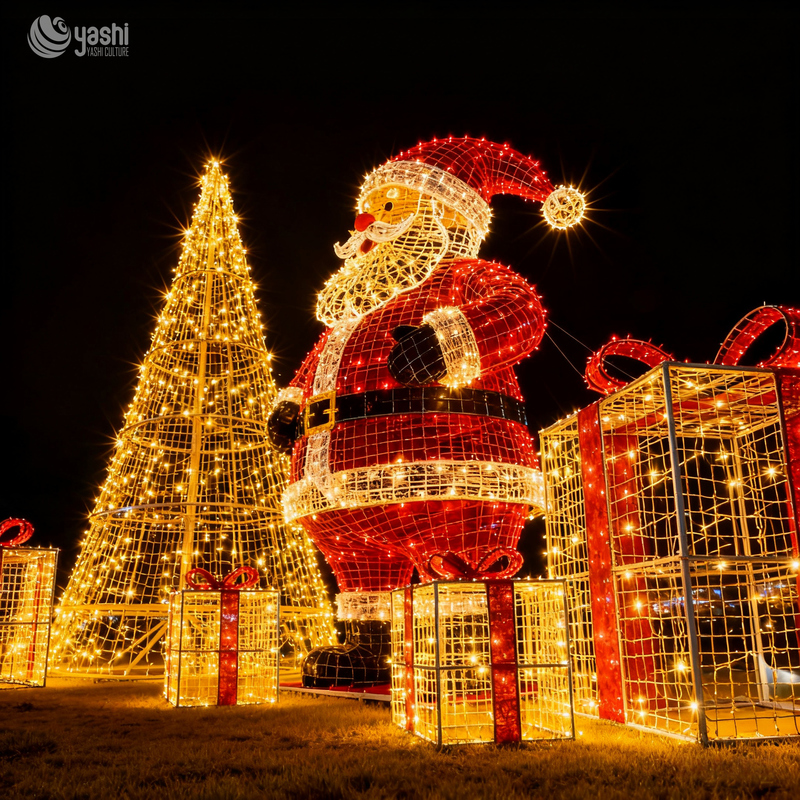 Custom LED Wireframe Santa Claus Christmas Tree & Gift Box Light Set, Outdoor Waterproof Commercial Christmas Light Sculpture