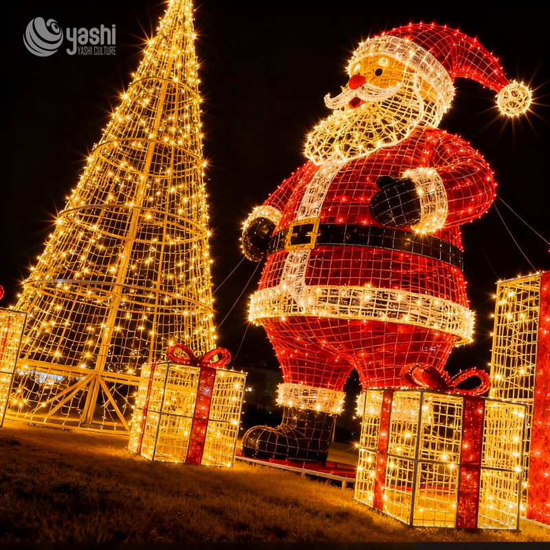Custom LED Wireframe Santa Claus Christmas Tree & Gift Box Light Set, Outdoor Waterproof Commercial Christmas Light Sculpture
