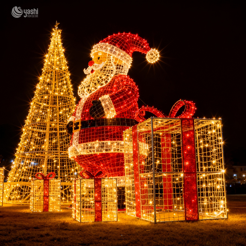 Custom LED Wireframe Santa Claus Christmas Tree & Gift Box Light Set, Outdoor Waterproof Commercial Christmas Light Sculpture