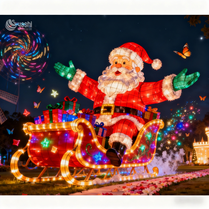 Custom Giant Santa Claus on Sleigh LED Lantern, Outdoor Waterproof Christmas Light Sculpture with Gift Boxes for Mall & Park