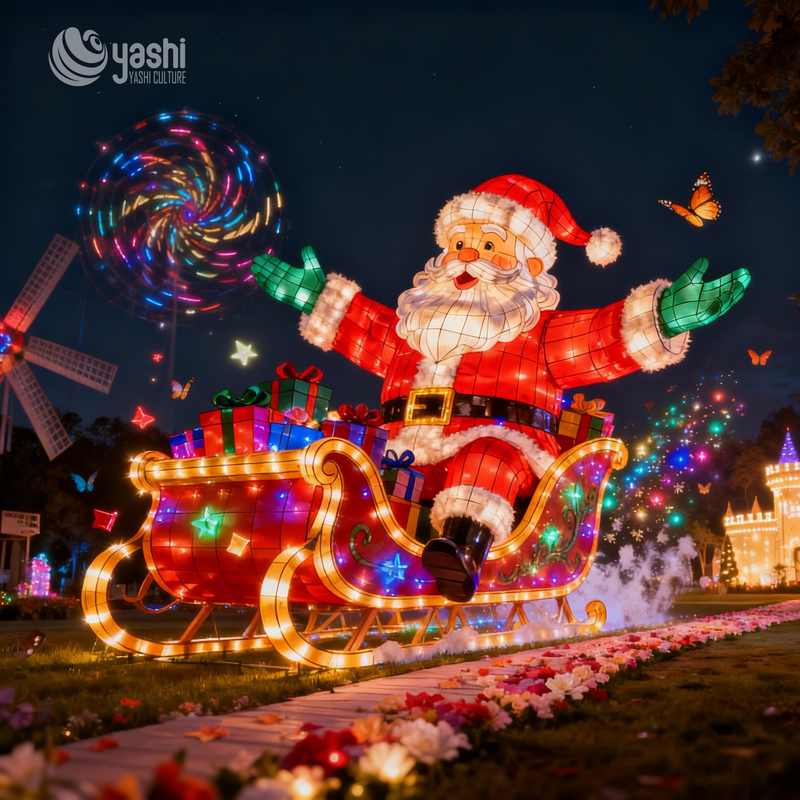 Custom Giant Santa Claus on Sleigh LED Lantern, Outdoor Waterproof Christmas Light Sculpture with Gift Boxes for Mall & Park