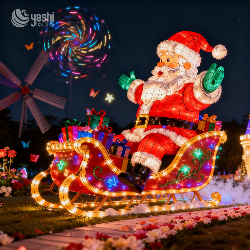 Custom Giant Santa Claus on Sleigh LED Lantern, Outdoor Waterproof Christmas Light Sculpture with Gift Boxes for Mall & Park