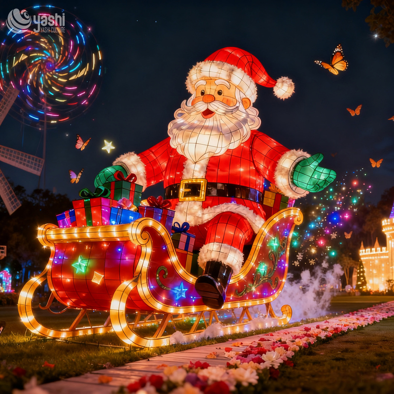 Custom Giant Santa Claus on Sleigh LED Lantern, Outdoor Waterproof Christmas Light Sculpture with Gift Boxes for Mall & Park