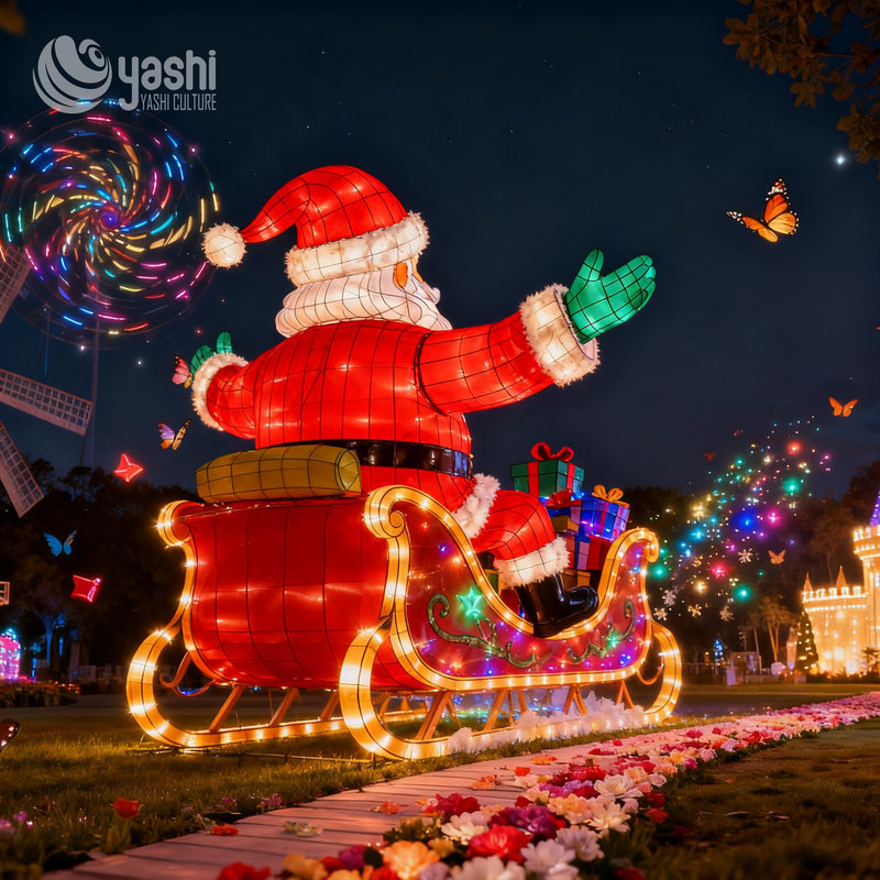 Custom Giant Santa Claus on Sleigh LED Lantern, Outdoor Waterproof Christmas Light Sculpture with Gift Boxes for Mall & Park
