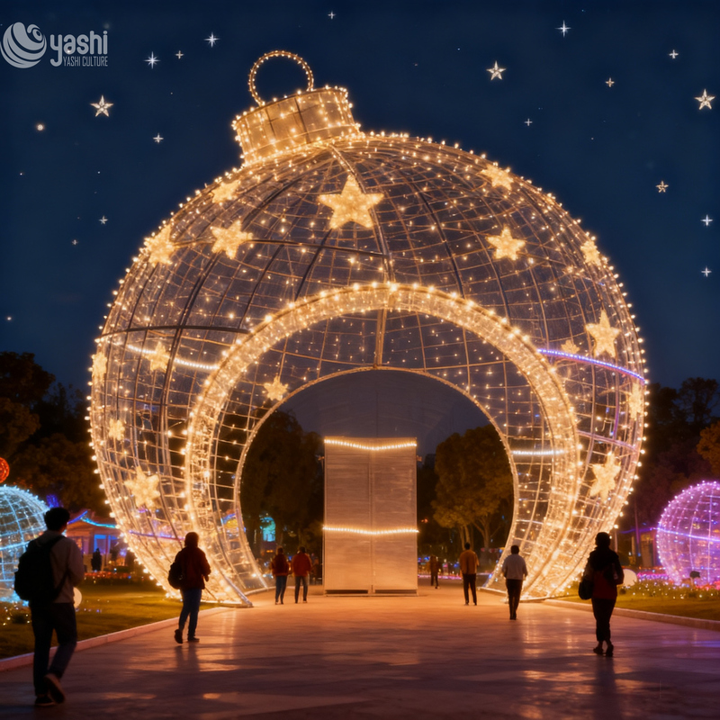 Custom Giant Christmas Ball LED Light Arch Tunnel, Outdoor Waterproof Wireframe Motif Light for Park & Shopping Mall Decor